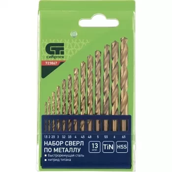 Набор нитридтитан. сверл по металлу 1,5-6,5мм через 0,5мм+3,2мм 4,8мм НSS,13 штук СИБРТЕХ 723867 купить в Нефтеюганске