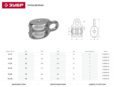 Блок ЗУБР двойной, оцинкованный, нейлоновый шкив, 9x40мм, 1 шт 4-304596-40 купить в Нефтеюганске
