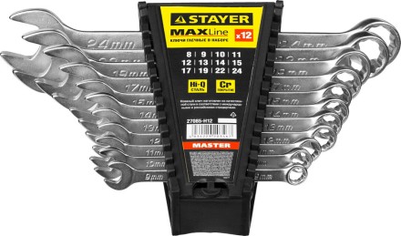 Набор: Ключ STAYER &quot;MASTER&quot; гаечный комбинированный, хромированный, 8-24 мм, 12 шт 27085-H12 купить в Нефтеюганске