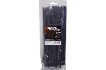 Хомуты нейлоновые (стяжки) черные 100 шт. Вихрь 4,8*250 Ч 73/9/1/31 купить в Нефтеюганске