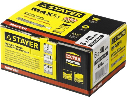 Дюбель-гвоздь полипропиленовый, потайный бортик, 6 x 40 мм, 125 шт, STAYER Master 30645-06-040 30645-06-040 купить в Нефтеюганске