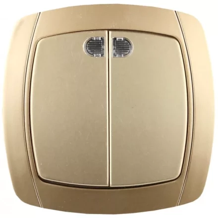 Выключатель СВЕТОЗАР &quot;АКЦЕНТ&quot; двухклавишный в сборе, с подсветкой, цвет золотой металлик, 10А/~250В SV-54235-GM купить в Нефтеюганске