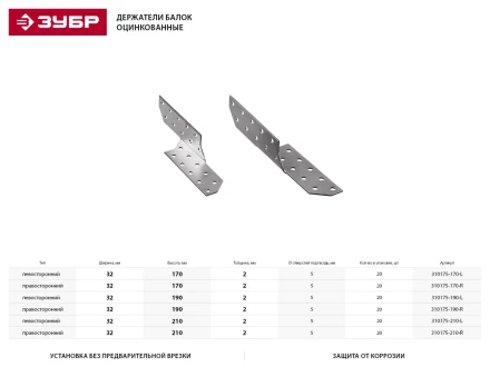 Держатель балки ЗУБР "МАСТЕР" правосторонний, 32х210мм, 20шт 310175-210-R купить в Нефтеюганске