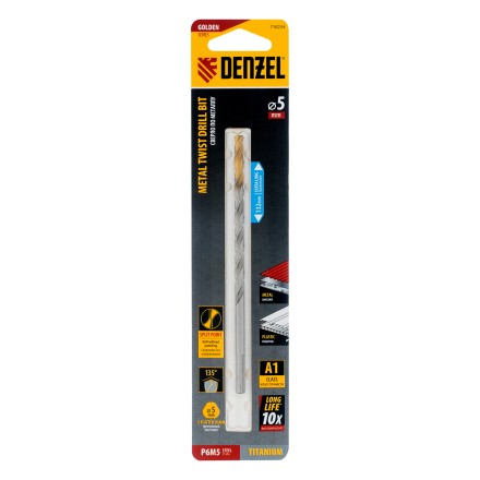 Сверло спиральное по металлу Denzel 5 х 132 мм, Р6М5, Golden Tip, удлиненное, 718254 купить в Нефтеюганске