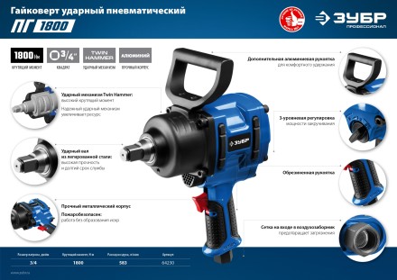 Ударный пневмогайковерт ПГ-1800 64230 серия ПРОФЕССИОНАЛ купить в Нефтеюганске