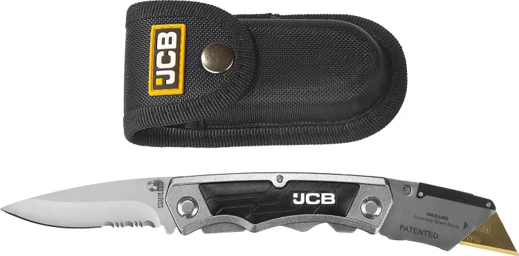 Нож JCB складной многофункц, трапец лезвие, тип "А24", перочин лезвие с серрейтор заточкой, мет корпус, чехол, 5 лезвий JLC003 купить в Нефтеюганске