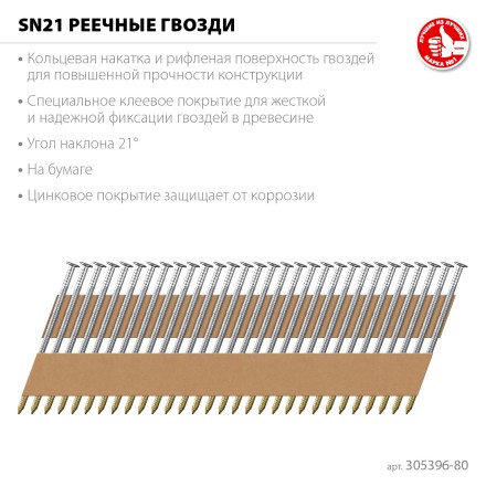 ЗУБР SN21 80 х 3.1 мм, реечные гвозди рифленые оцинкованные, 2010 шт (305396-80) купить в Нефтеюганске