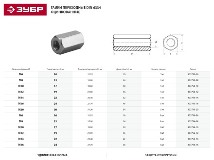 Гайка DIN 6334 переходная, M10, 1 шт, оцинкованная, ЗУБР 303756-10 купить в Нефтеюганске