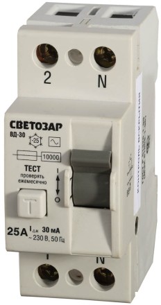 Выключатель дифференциальный &quot;УЗО&quot; СВЕТОЗАР, 2-полюсный, 25 A, &quot;AC&quot;, откл. диф.ток. 30 мА, 230 В SV-49152-30-25 купить в Нефтеюганске