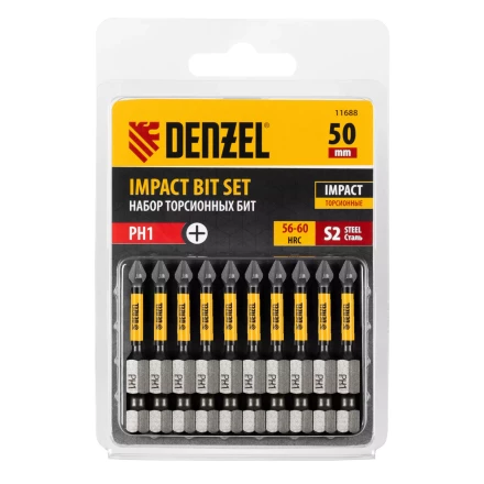 Бита IMPACT, PH1x50 мм, лазерная обработка шлица, сталь S2, 10 шт., Е 6,3 Denzel 11688 купить в Нефтеюганске
