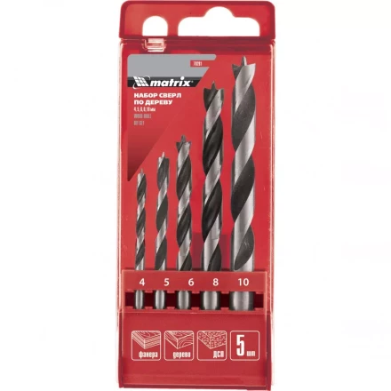 Набор сверл по дереву 4-5-6-8-10мм  цилиндрический хвостовик пластиковый кейс MATRIX 70281 купить в Нефтеюганске