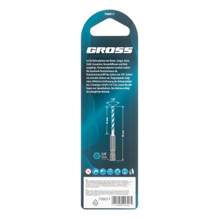 Сверло универсальное Gross , Multipurpose PRO, 6-гр. хвостовик, 5мм, 706011 купить в Нефтеюганске