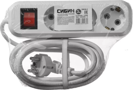Удлинитель СИБИН электрический, ПВС сечение 0,75кв мм, 3 гнезда, макс мощн 2200Вт, 3м, заземление, выключатель 55036-3 купить в Нефтеюганске