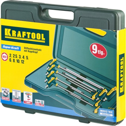 Набор KRAFTOOL Ключи &quot;INDUSTRIE&quot; имбусовые,Cr-Mo(S2),Т-образные, эргоном двухкомп рукоятка,HEX,с шариком,9 шт,в боксе 27454-H9 купить в Нефтеюганске