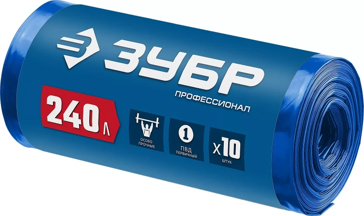ЗУБР 240 л, 10 шт, синие, из первичного материала, особопрочные, строительные мусорные мешки, Профессионал (39159-240) купить в Нефтеюганске