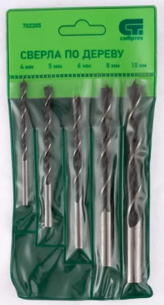 Набор сверл по дереву 4-5-6-8-10 мм 5 штук цилиндрический хвостовик СИБРТЕХ 702205 купить в Нефтеюганске