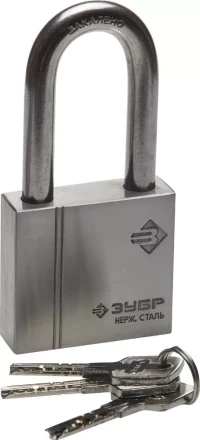 Замок ЗУБР &quot;ЭКСПЕРТ&quot; навесной, нержавеющая сталь (корпус и дужка), удлиненная закаленная дужка, 60мм 37290-60-1 купить в Нефтеюганске