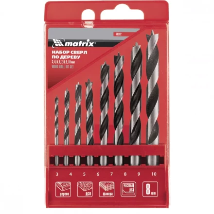 Набор сверл по дереву   3-4-5-6-7-8-9-10мм цилиндрический  хвостовик  пластиковый кейс MATRIX 70282 купить в Нефтеюганске