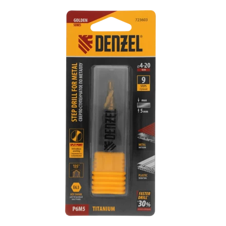 Сверло ступенчатое Denzel 723604, 6-8-10-12-14-16-18-20-22-24-26-28-30мм, Р6М5, 6-гр. хвостовик купить в Нефтеюганске