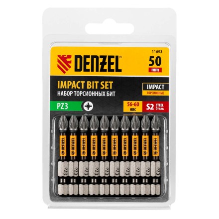 Бита IMPACT, PZ3x50 мм, лазерная обработка шлица, сталь S2, 10 шт., Е 6,3 Denzel 11693 купить в Нефтеюганске