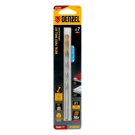Сверло спиральное по металлу Denzel, 7,0 х 156 мм, Р6М5, Golden Tip, удлиненное, 718258 купить в Нефтеюганске