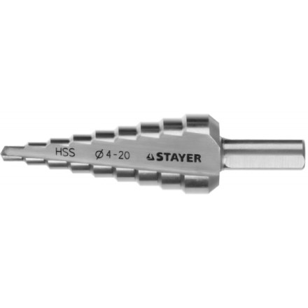 Сверло STAYER &quot;MASTER&quot; ступенчатое по сталям и цвет.мет., сталь HSS, d=4-20мм, 9ступ.d 4-20, L-75 мм,трехгран. хвост. 8мм 29660-4-20-9 купить в Нефтеюганске