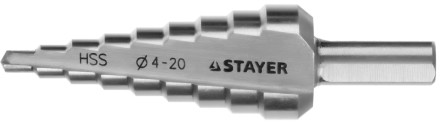 Сверло STAYER &quot;MASTER&quot; ступенчатое по сталям и цвет.мет., сталь HSS, d=4-20мм, 9ступ.d 4-20, L-75 мм,трехгран. хвост. 8мм 29660-4-20-9 купить в Нефтеюганске