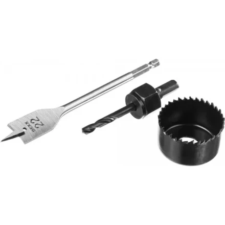 Набор для врезки замков DEXX: Коронка-чашка d=48мм, сверло перовое d=22мм, центрирующее сверло d=6мм 2949-48-H3 купить в Нефтеюганске