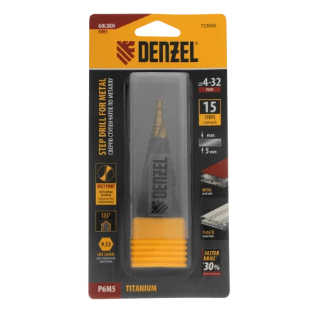 Сверло ступенчатое Denzel 723606, 4-6-8-10-12-14-16-18-20-22-24-26-28-30-32 мм, Р6М5, 6-гр. хвостовик купить в Нефтеюганске