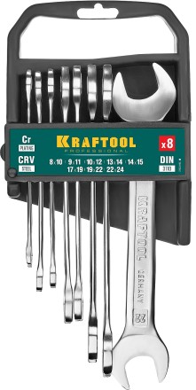 Наборы ключей гаечных рожковых KRAFTOOL, Cr-V, DIN 3110, на пластиковой подвеске 27033-H8C купить в Нефтеюганске