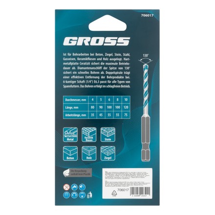 Набор сверл универсальных Gross 706017, Multipurpose PRO, 6-гр. хвостовик, 4-10мм, 5шт купить в Нефтеюганске