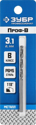 ЗУБР ПРОФ-В, 3.1 х 65 мм, сталь Р6М5, класс В, сверло по металлу, Профессионал (29621-3.1) купить в Нефтеюганске