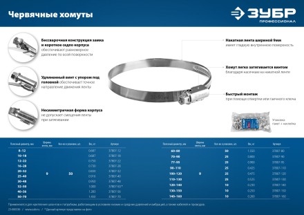 ЗУБР Х-9Н, 120 - 140 мм, накатная лента 9 мм, цинк, 10 шт, червячный хомут (37807-140) купить в Нефтеюганске