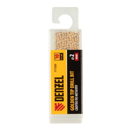 Сверло по металлу, 2 мм, HSS-Tin, Golden Tip, 10 шт. Denzel 717203 купить в Нефтеюганске
