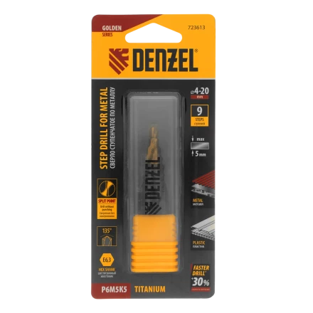 Сверло ступенчатое Denzel 723613, 4-6-8-10-12-14-16-18-20 мм, Р6М5К5, 6-гр. хвостовик купить в Нефтеюганске