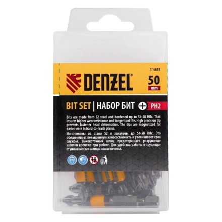 Бита PH2х25, сталь легированная S2, 20 шт., пластиковая коробка, , Е 6,3 Denzel 11681 купить в Нефтеюганске