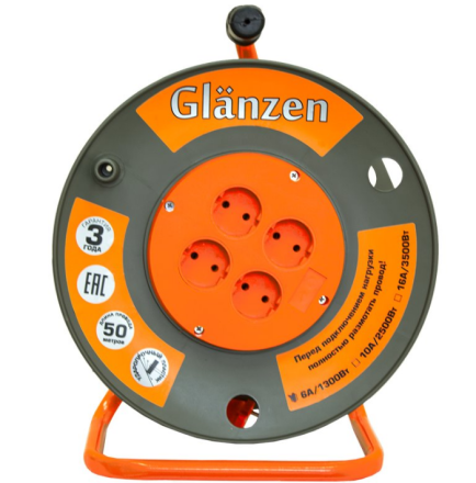 Удлинитель силовой на катушке GLANZEN 4 гн. ПВС 2х1,5 EB-50-006 купить в Нефтеюганске