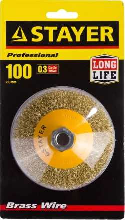 STAYER "PROFESSIONAL". Щетка коническая для УШМ, витая стальная латунированная проволока 0,3мм, 100ммхМ14 35133-100 купить в Нефтеюганске