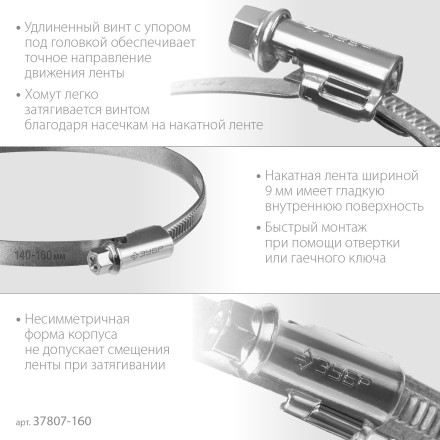 ЗУБР Х-9Н, 140 - 160 мм, накатная лента 9 мм, цинк, 10 шт, червячный хомут (37807-160) купить в Нефтеюганске