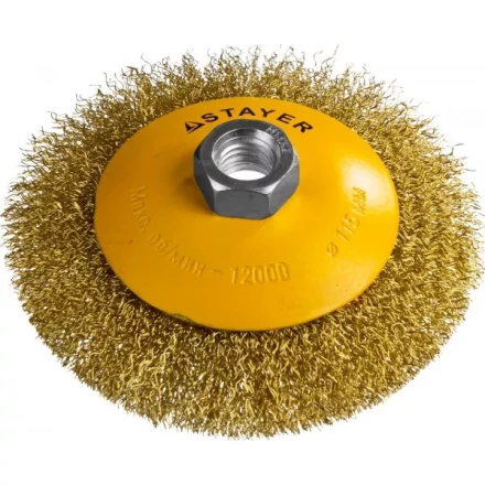 STAYER "PROFESSIONAL". Щетка коническая для УШМ, витая стальная латунированная проволока 0,3мм, 115ммхМ14 35133-115 купить в Нефтеюганске
