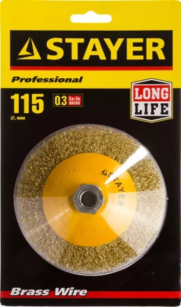 STAYER "PROFESSIONAL". Щетка коническая для УШМ, витая стальная латунированная проволока 0,3мм, 115ммхМ14 35133-115 купить в Нефтеюганске