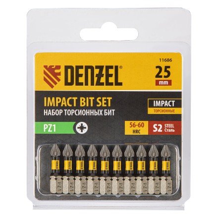 Бита IMPACT, PZ1x25 мм, лазерная обработка шлица, сталь S2, 10 шт., Е 6,3 Denzel 11686 купить в Нефтеюганске