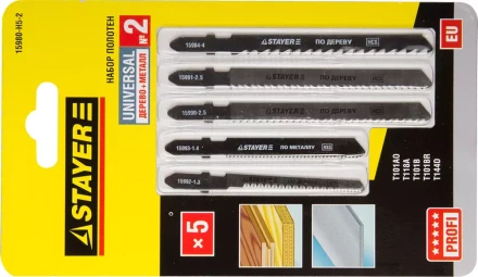 Набор STAYER &quot;PROFI&quot; Пилки &quot;УНИВЕРСАЛ №2&quot; для эл/лобзика, по дереву и металлу, EU-хвост., 5шт 15980-H5-2 купить в Нефтеюганске