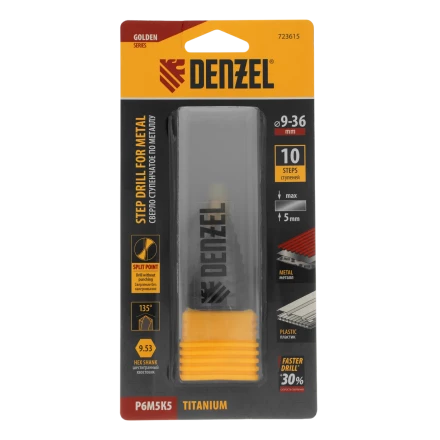 Сверло ступенчатое Denzel 723616, 4-6-8-10-12-14-16-18-20-22-24-26-28-30-32 мм, Р6М5К5, 6-гр. хвостовик купить в Нефтеюганске