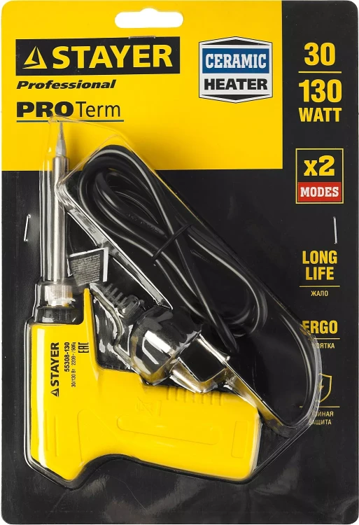 Паяльник с пистолетной пластмассовой рукояткой, STAYER "PROFI" PROTerm, 55308-130, 30 - 130 Вт, с керамическим нагревательным элементом 55308-130 купить в Нефтеюганске