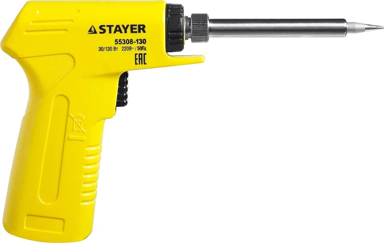 Паяльник с пистолетной пластмассовой рукояткой, STAYER "PROFI" PROTerm, 55308-130, 30 - 130 Вт, с керамическим нагревательным элементом 55308-130 купить в Нефтеюганске