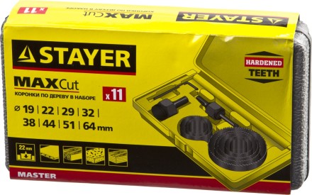 Набор STAYER &quot;MASTER&quot;: Коронки по дереву, d=11, 22, 29, 32, 35, 38, 44, 51, 64мм, 11шт 29600-H11 купить в Нефтеюганске