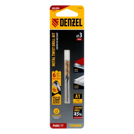 Сверло спиральное по металлу Denzel 3 x 61мм, Р6М5, Golden Tip, многогранная заточка, 2шт., 718268 купить в Нефтеюганске