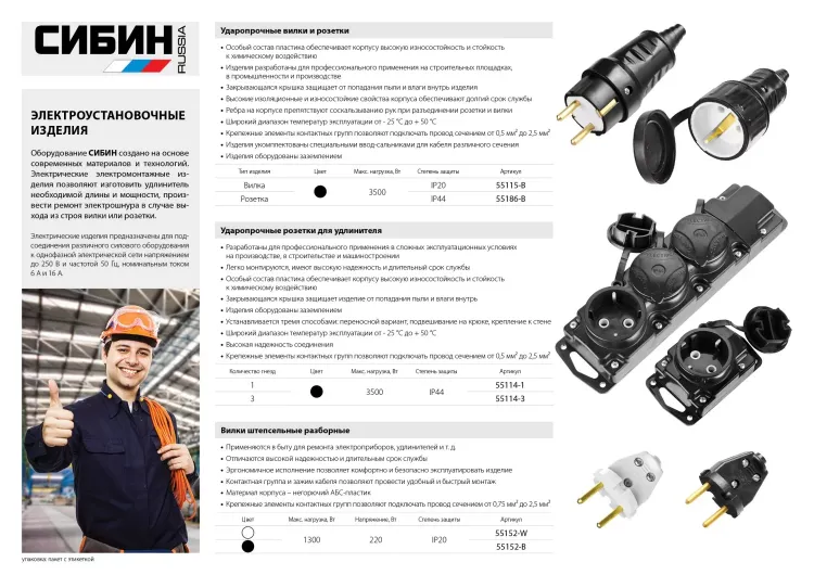 Вилка СИБИН электрическая, разборная, 6А/220В, белая 55152-W купить в Нефтеюганске