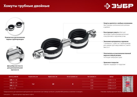ЗУБР 3/4, цинк, 8 шт, двойной трубный хомут (37890-25-29) купить в Нефтеюганске
